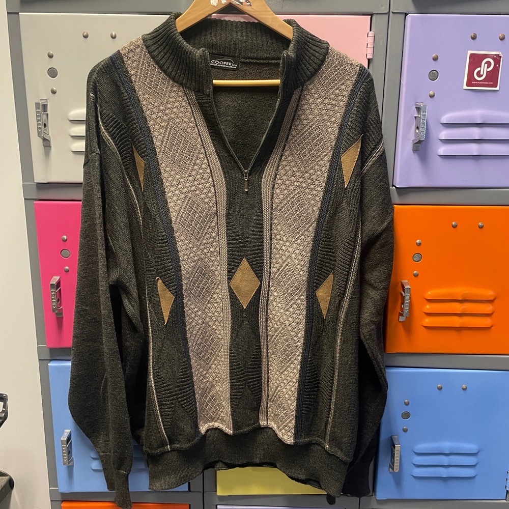 Vintage Cooper Men's Olive & Taupe Quarter-Zip Sweater, XL